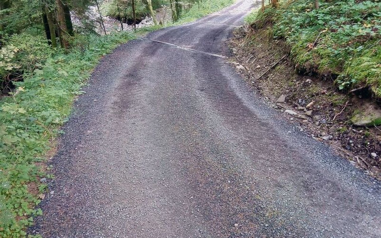 So nicht: Auf dieser Waldstrasse wurde mit Fräsasphalt aufgeschottert, das war schon früher illegal. 