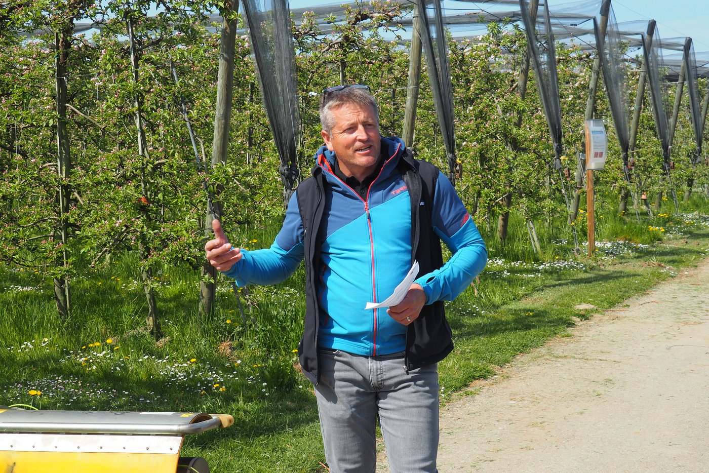 Patrick Stadler erläutert, mit welchen Massnahmen der Bewuchs zwischen den Reihen ohne Pestizide tief gehalten werden kann.