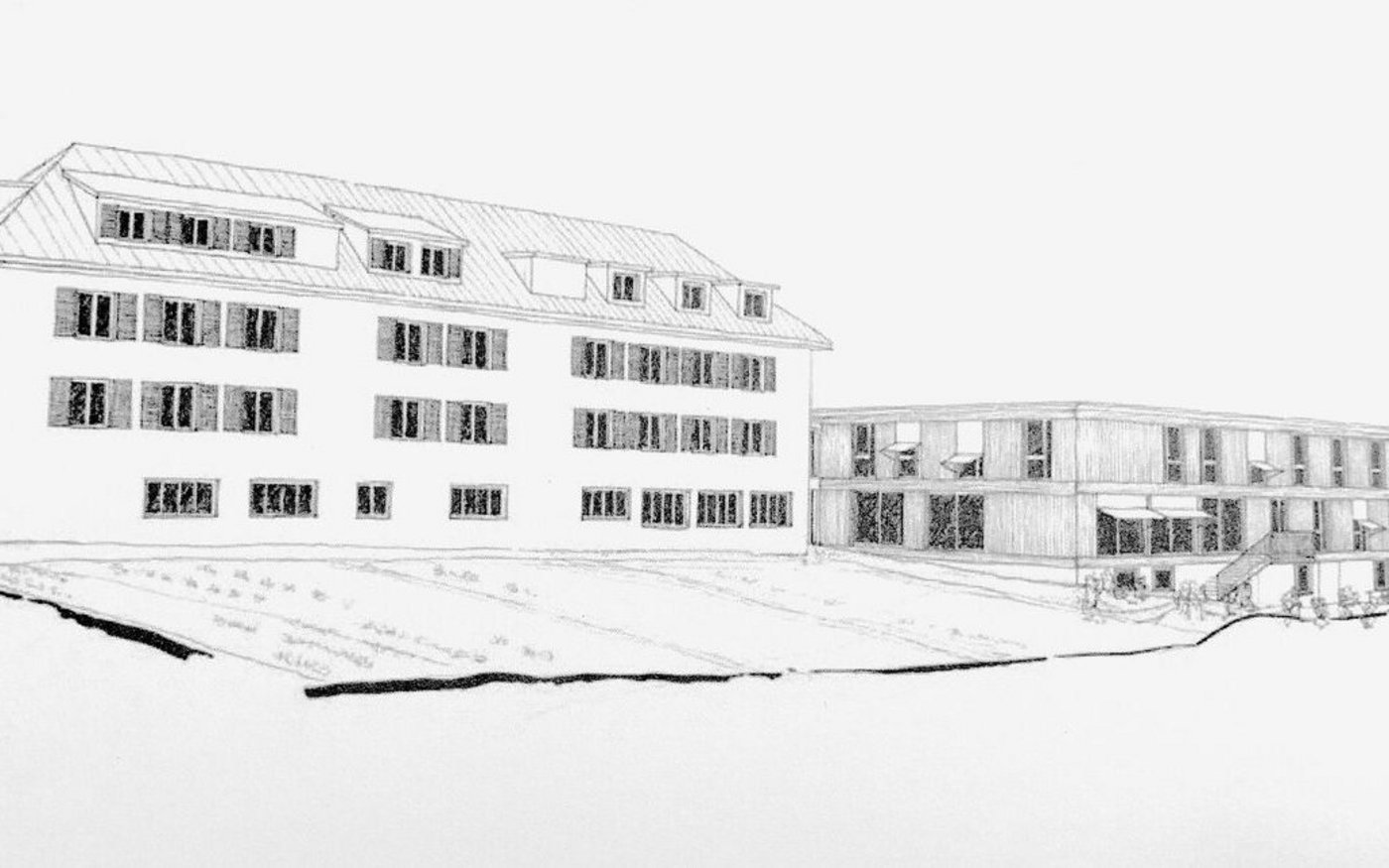 Skizze des möglichen neuen Anbaus an das bestehende landwirtschaftliche Altersheim Hermolingen.  