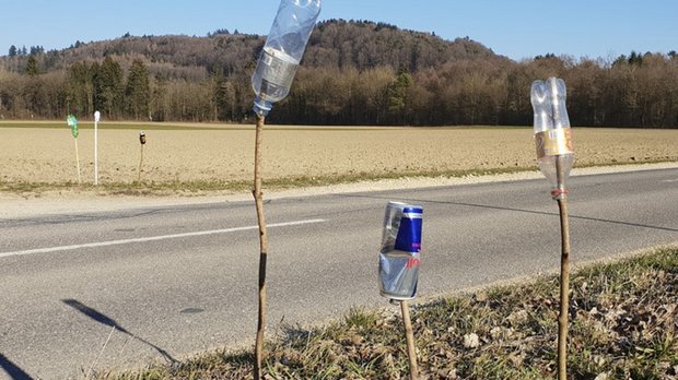 Menschliches Verhalten: «99% werfen nichts aus dem Fenster» Laut Gerhard Fehr sollten Schilder am Feldrand gegen Littering helfen. Vielleicht tun es auch kreative Mahnmale. (Bild lid)