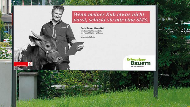 Das Plakat von Hans Nef soll zeigen, dass die Landwirtschaft heute auch digital vernetzt ist. Das Publikum versteht die Verbindung zwischen Bild, Text und Realität aber nur halbwegs. (Bild zVg)