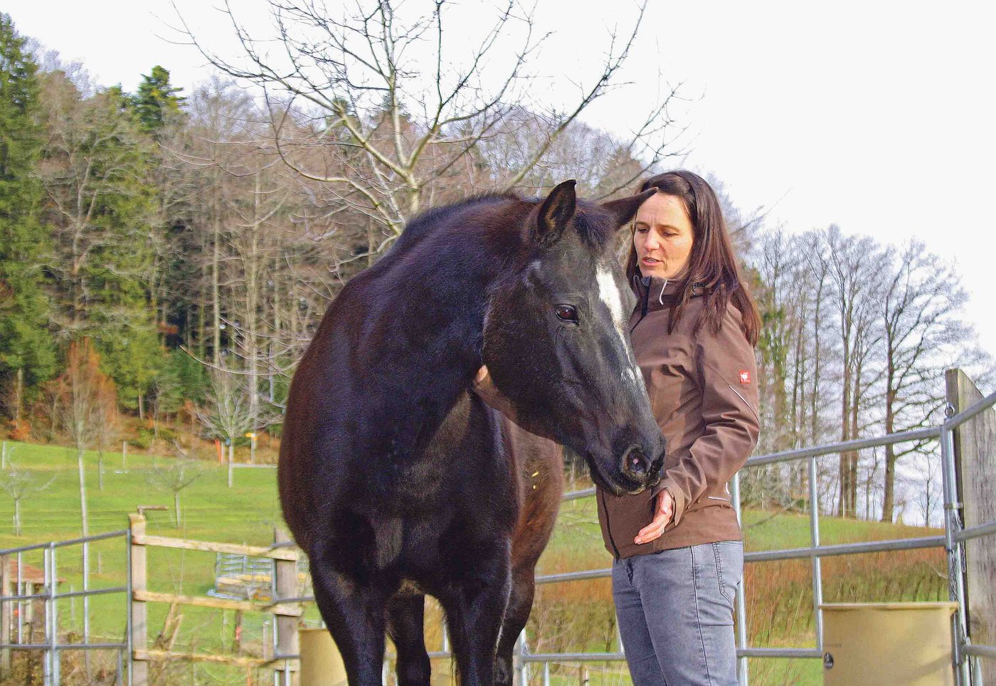 Andrea Hafner-Schwegler mit ihrem ehemaligen Reitpferd Amy. Die  Rappstute geniesst ihre wohlverdiente Pension auf dem Tellenberg oberhalb Uffikon LU. (Bild Brigitte Meier-Christen)