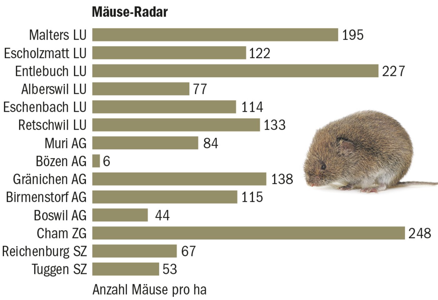 Auch in unserer Region wurden 2020 an ausgewählten Standorten die Mäuse pro Hektare ausgezählt. (Grafik BauZ / Quelle AGFF)