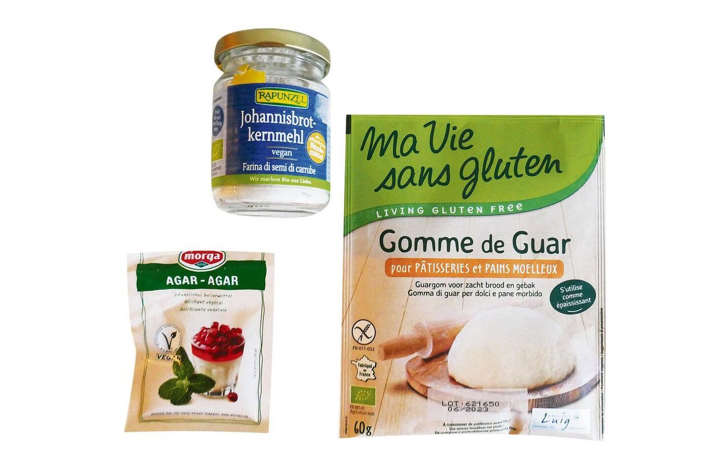 Drei Bindemittel aus pflanzlicher Herkunft. Sie unterscheiden sich in der Anwendung wie in der Bindefähigkeit.