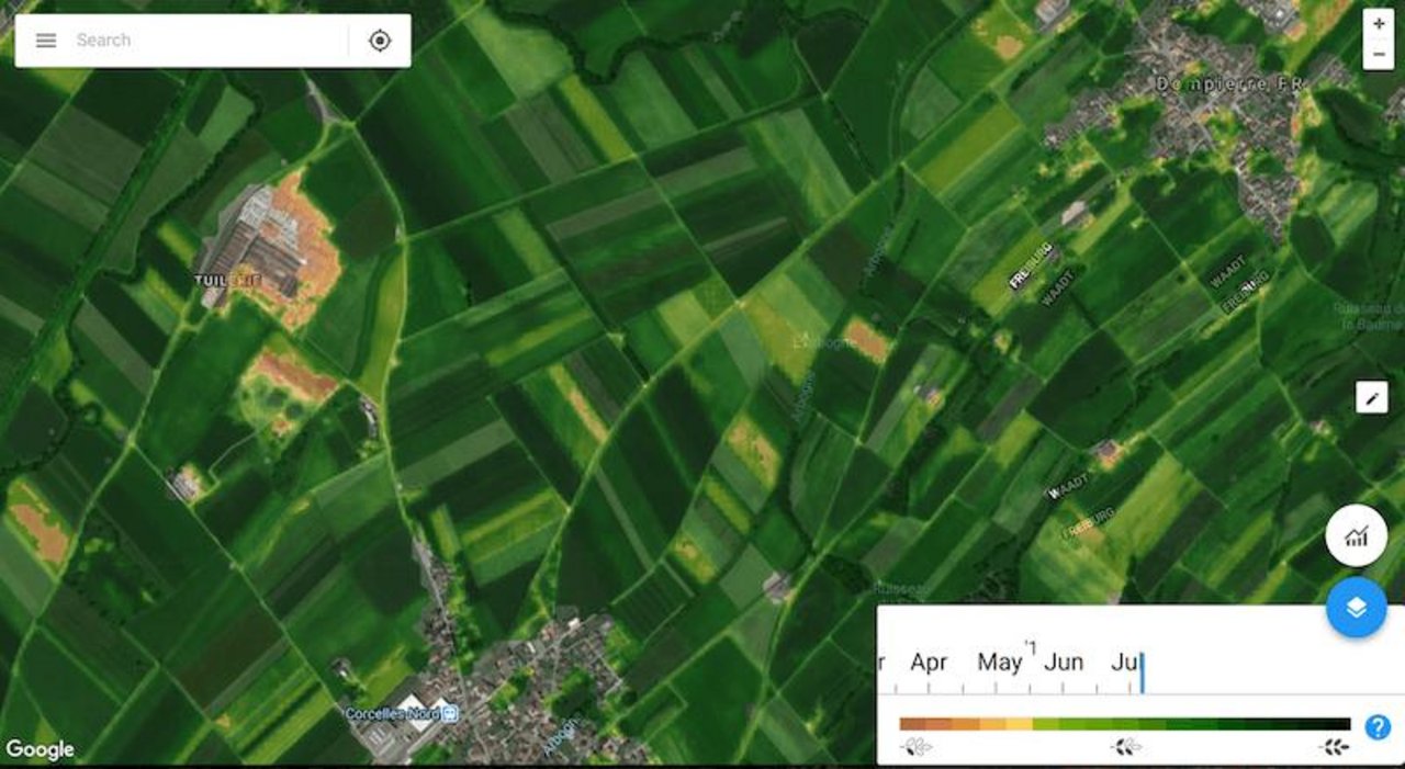 So sieht der Satellit ein zufällig ausgewählter Ausschnitt in der Nähe von Payerne FR: Umso grüner desto gesünder die Vegetation. (Screenshots Opti-Crop)