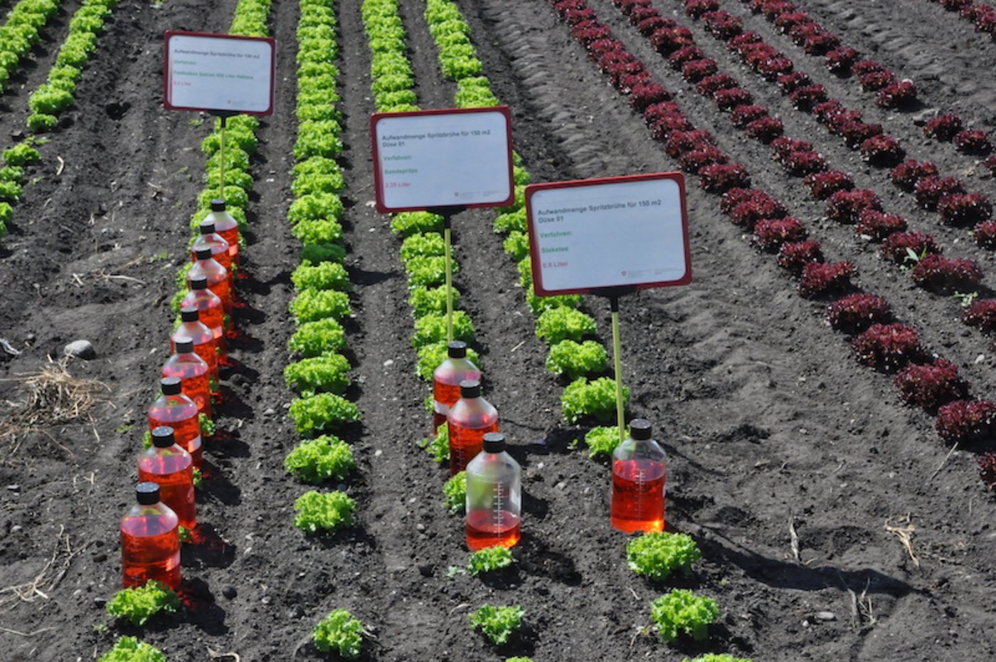 Die Spritzmittelmenge im Vergleich: links Feldspritze, Mitte Bandspritze und rechts Spot Spraying.