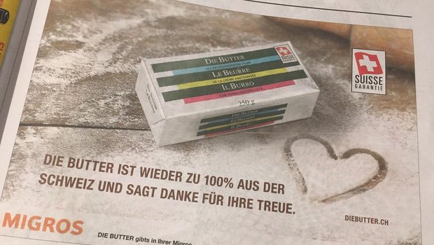 «Die Butter» ist wieder aus Schweizer Milch, wie dieses Inserat im Migros-Magazin freudig verkündet. Dabei muss es auch bleiben, betonen die SMP. (Bild jsc)