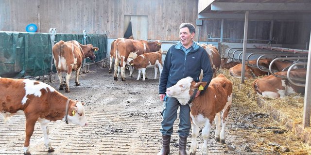 Hans Braun bei seinen Kühen und Kälbern: Der Betriebsleiter hat laufend seine Strategie angepasst und weiterentwickelt. 