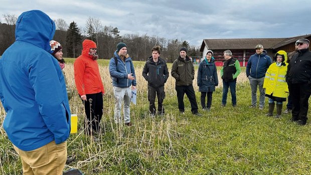 Laut Dominik Füglistaller (4. v. l.) ist Winterhanf aus anbautechnischer Sicht für die Schweizer Landwirtschaft eine interessante Nutzpflanze. Die HAFL untersucht neben den Anbaubedingungen auch die Wirtschaftlichkeit.