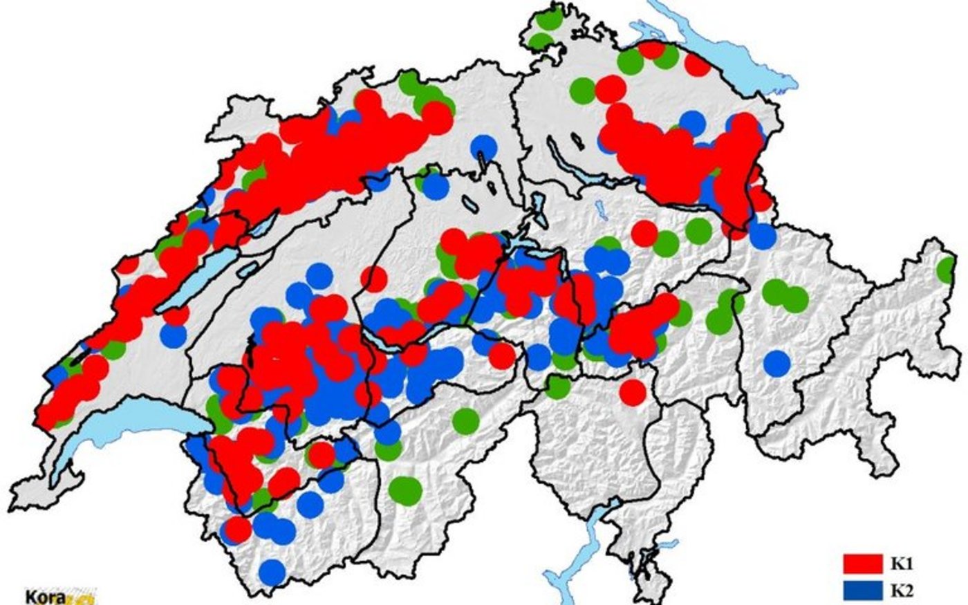 Luchs-Verbreitung in der Schweiz 2015. Kategorie 1 (K1, rot): Hard facts wie tot gefundene Luchse, Beobachtungen mit fotografischem Beleg, eingefangene (Jung-)tiere und genetische Nachweise. Kategorie 2 (K2, blau): Von ausgebildeten Personen bestätigte Meldungen wie Risse (Nutz- und Wildtiere), Spuren und Kotfunde. Kategorie 3 (K3, grün): Nicht überprüfte Riss-, Spuren- und Kotfunde und alle nicht überprüfbaren Hinweise wie Lautäusserungen und Sichtbeobachtungen. (KORA) 