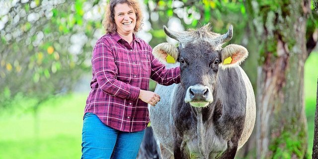 Auch Linella zählt zu den Lieblingskühen von Stefanie Berger. Bei ihnen haben alle Rätischen Hörner. Sie beobachtet gerne die feine Kommunikation, die damit möglich ist.