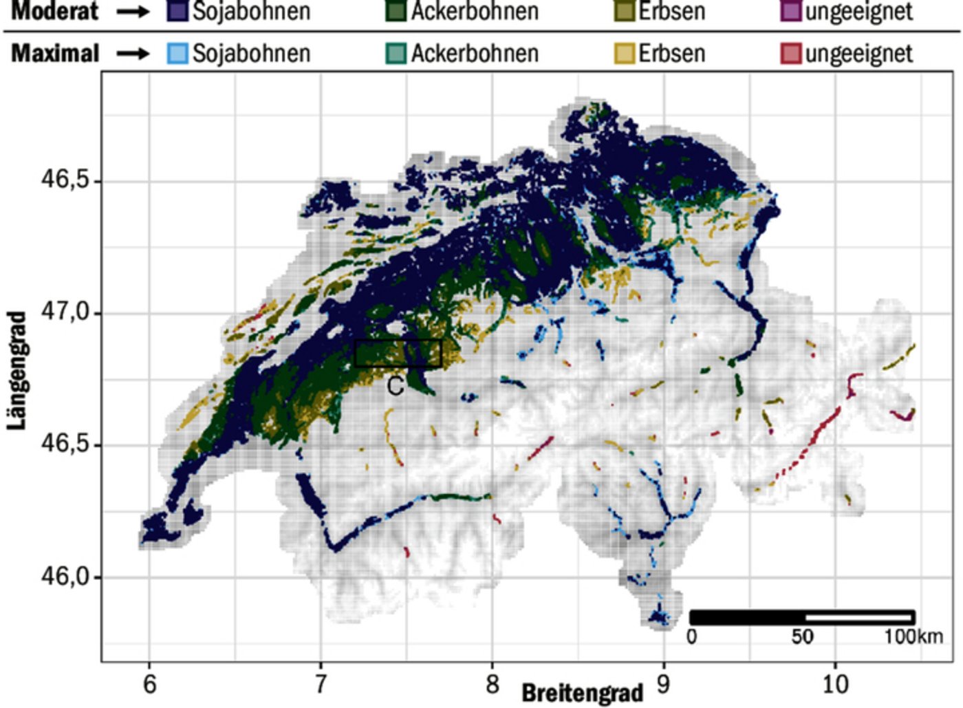 Hinsichtlich Boden, Höhenlage und Klima könnte Soja grundsätzlich vielerorts in der Schweiz angebaut werden.