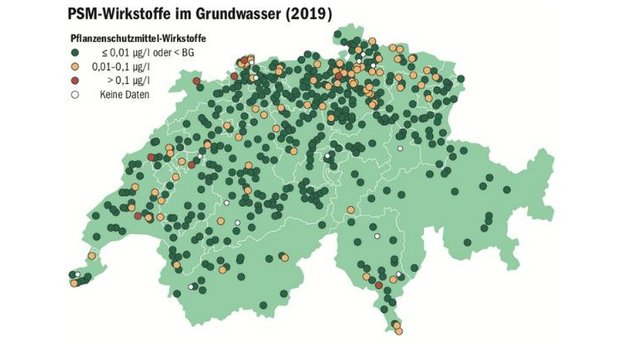 Am Grossteil der Messstellen waren die Messwerte sehr gering. (Quelle Bafu/Grafik verändert nachmi)