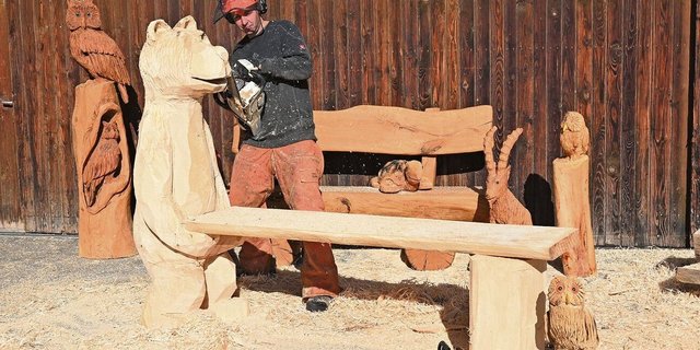 Egal ob Sitzbank, Tisch, Brunnen, Fahrzeuge, Bär, Steinbock oder Schildkröte – Reto Gertsch erfüllt mit seinen verschieden grossen Kettensägen die unterschiedlichsten Kundenwünsche. 