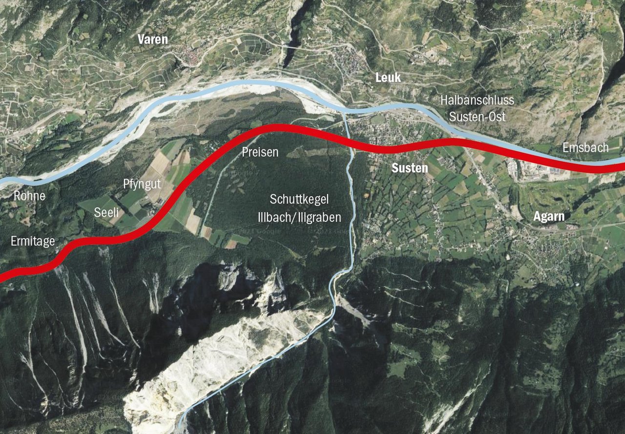 Der nun durch das UVEK genehmigte Ausbau der Rhoneautobahn A9 zwischen Siders und Leuk/ Susten ist ein ambitioniertes Projekt. (Bildmontage BauZ, Daten Dienststelle für Nationalstrassenbau)