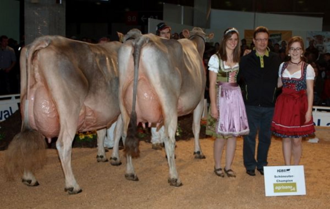 Grand Champion und Schöneuter alt: Jongleur Elisa, Adrian Arpagaus, Falera (rechts). Reserve-Grand-Champion und Reserve Schöneuter alt: Plantahof’s Zeus Palma, LBBZ Plantahof, Landquart.