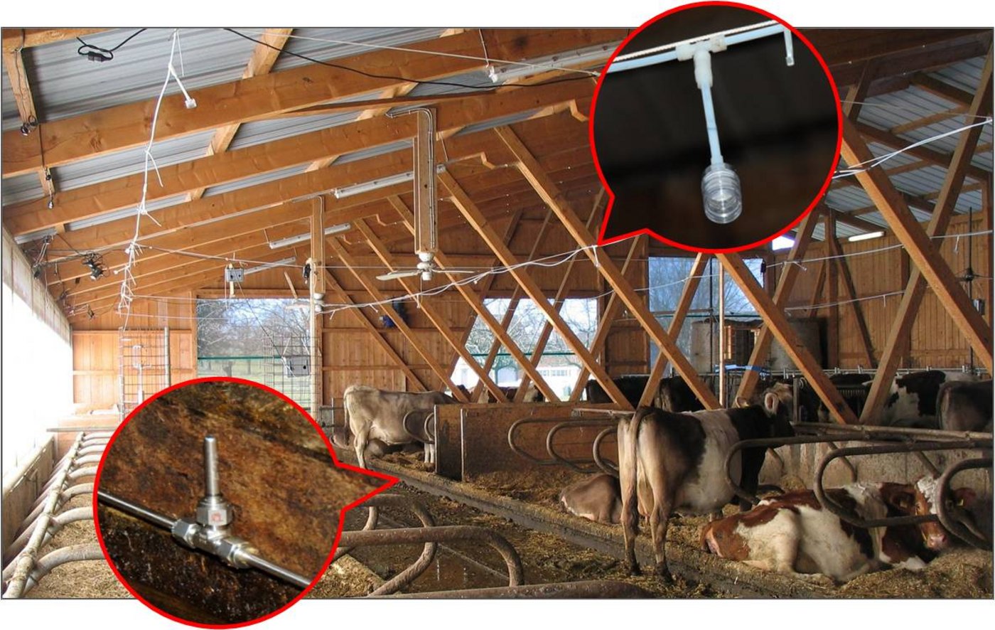 Mit den rot hervorgehebenen Einrichtungen werden die Emissionen gemessen. (Bild Agroscope/weitere Bilder Michael Götz)