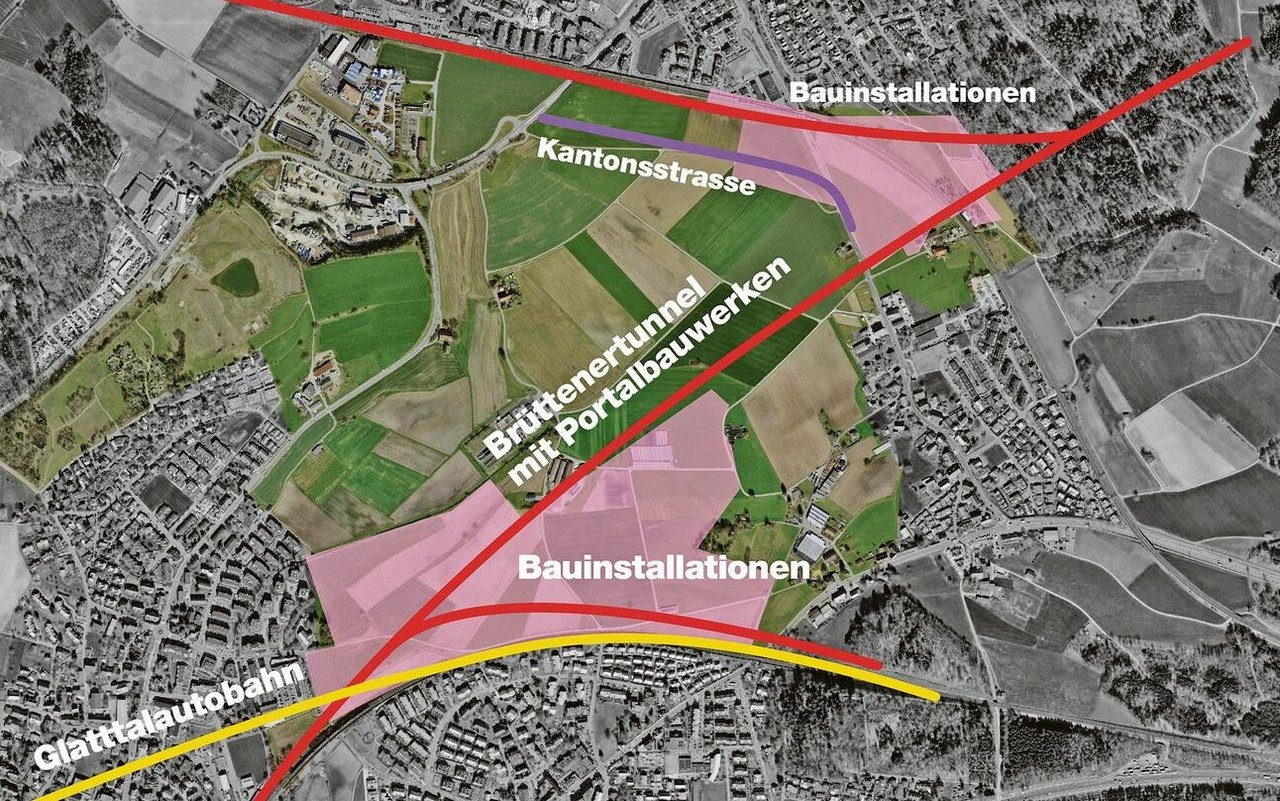 Der Landschaftsraum Eich mit den geplanten Infrastrukturbauten mit Bauinstallationsflächen (links Dietlikon, rechts Wangen-Brüttisellen). 