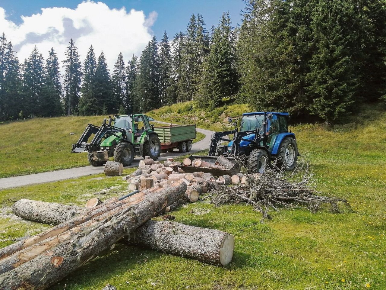 Marina lädt die Holztremmel auf den Anhänger und Toni führt das Holz zur Hütte.