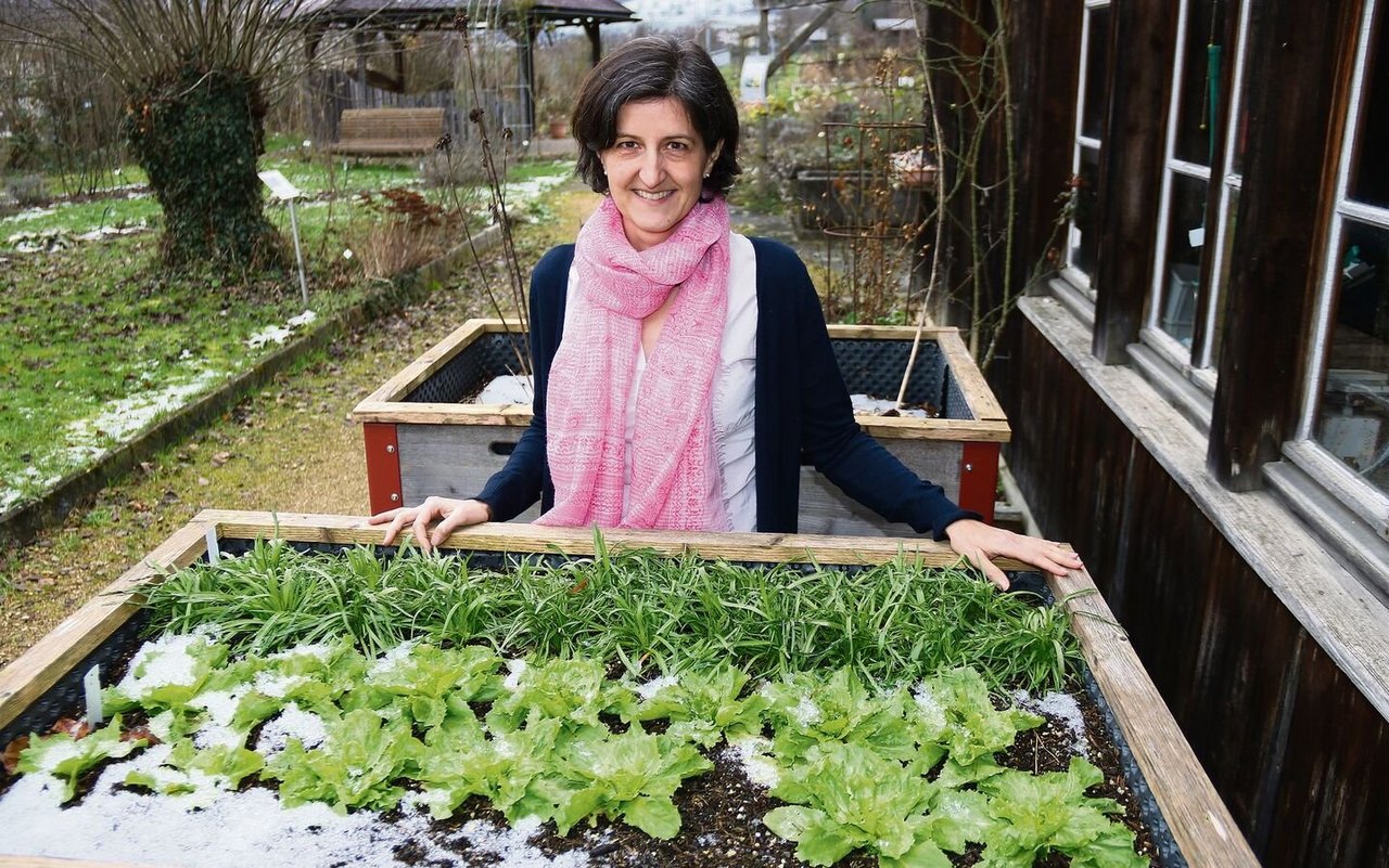 Noch ist der Winter spürbar, doch bereits gedeihen die ersten Salate: Kerstin Zuk im Kursgarten des Ebenrain-Zentrums, das ganzjährig Weiterbildung zum Haus- und Selbstversorgungsgarten anbietet.
