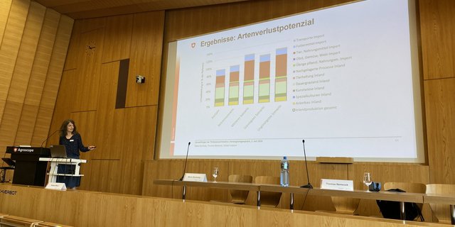 Maria Bystricky von der Forschungsanstalt Agroscope stellt die neuste Studie zur Trinkwasser-Initiative vor. Diesmal wurden die Umweltauswirkungen der Initiative in der Schweiz sowie deren Auswirkungen im Ausland untersucht. (Bild Katrin Erfurt) 