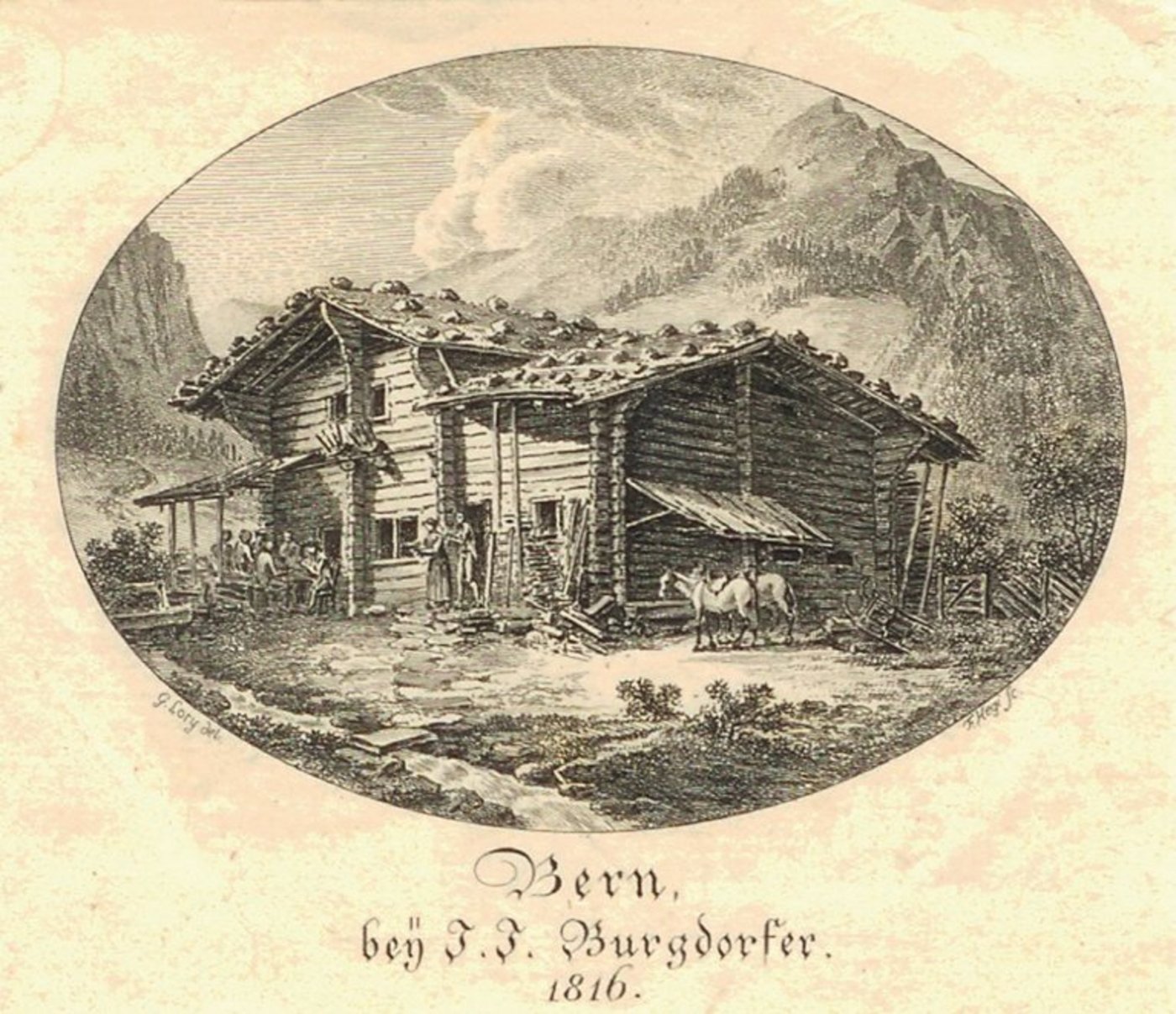 Landwirtschaft und Tourismus im 19. Jahrhundert: Mathias Gabriel Lory père: Rosenlaui, Sennhütte Schwarzwaldalp mit Vorschermen für Gäste und Pferde; Radierung, 1816. (Bild zVg)