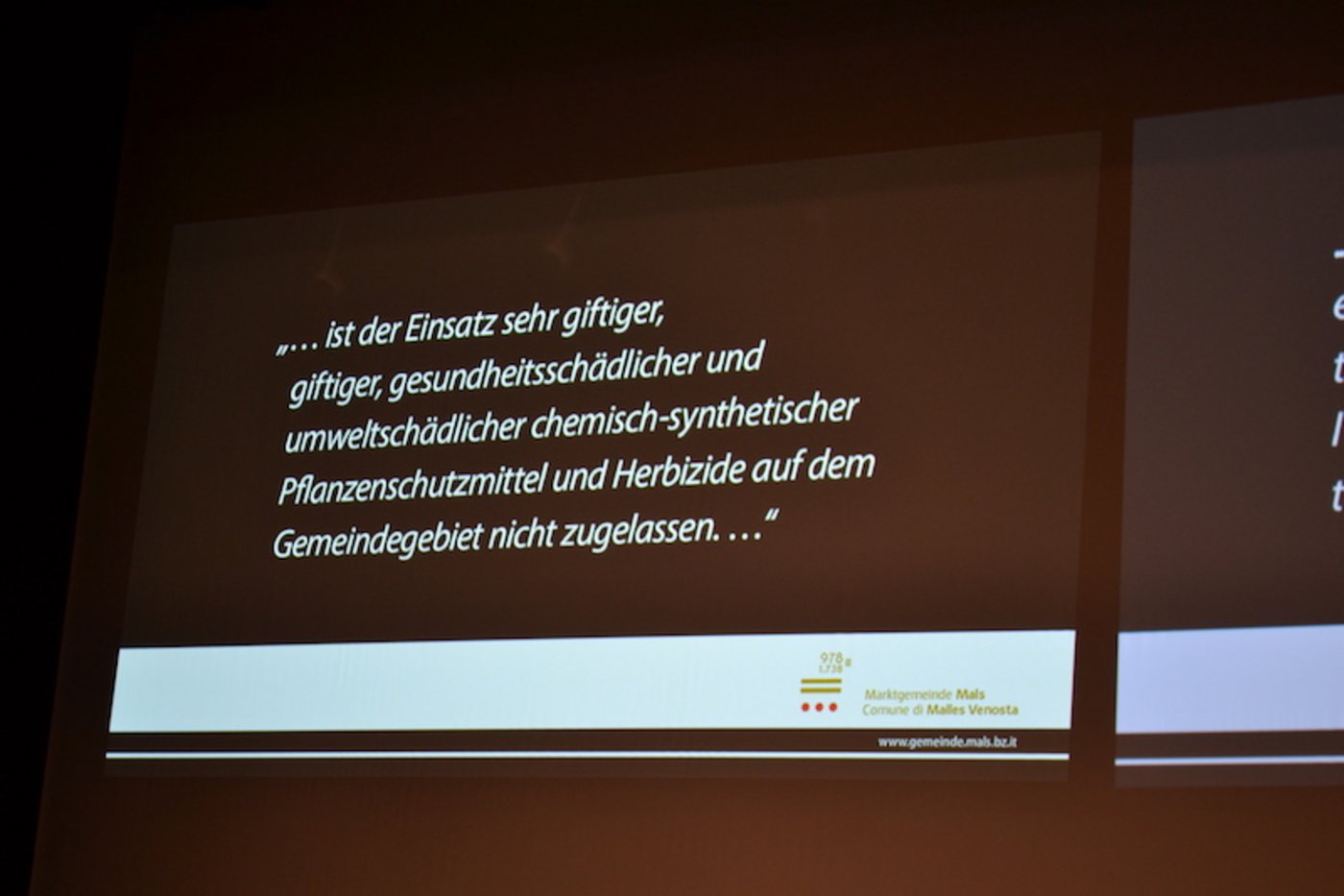 Dieser Text wurde in die Gemeindeverfassung von Mals eingefügt, nachdem die entsprechende Volksinitiative angenommen worden war. (Bild jsc)