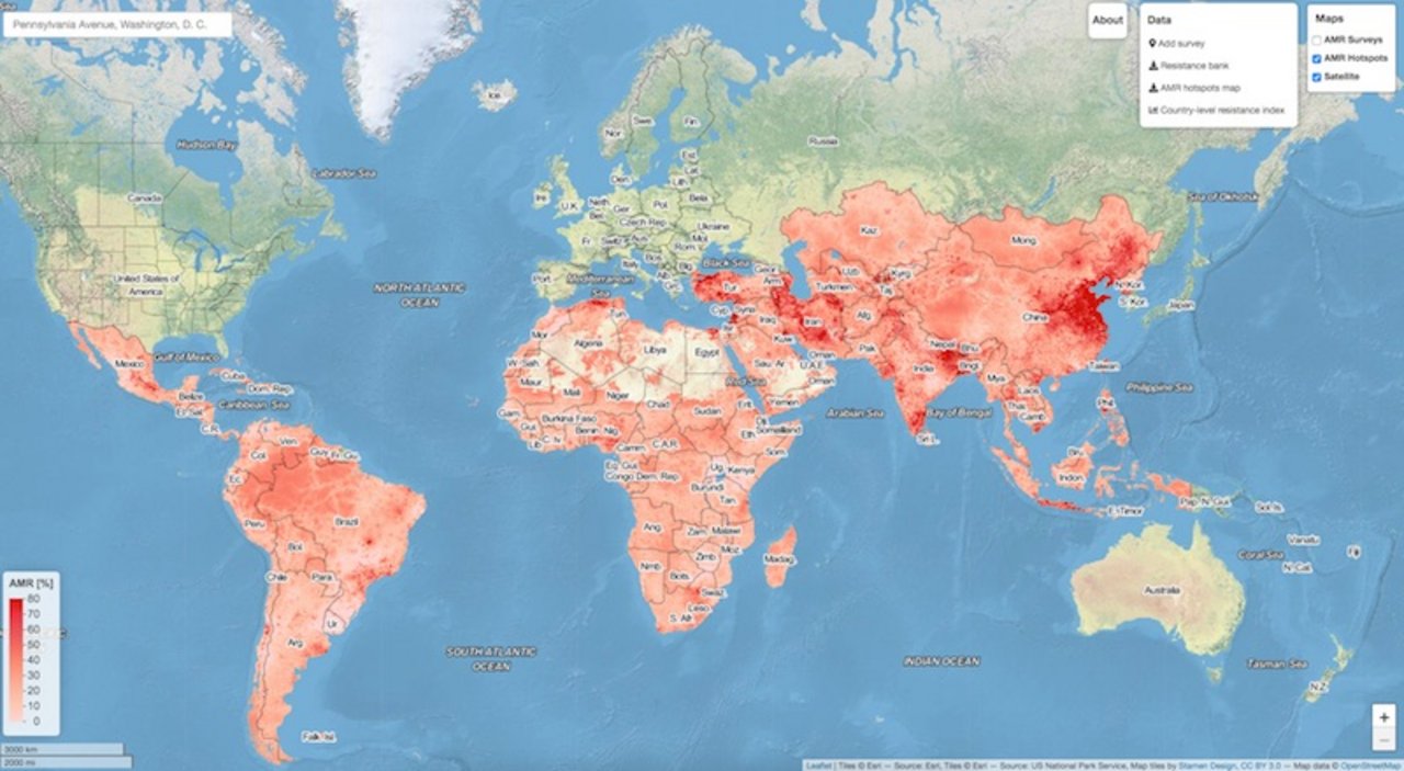 Auf der Karte werden Ergebnisse aus Studien in Ländern des globalen Südens zusammengetragen. Je mehr rot, desto häufiger sind Antibiotika-Resistenzen in den jeweiligen Gebieten. (Bild Screenshot Resistance bank))