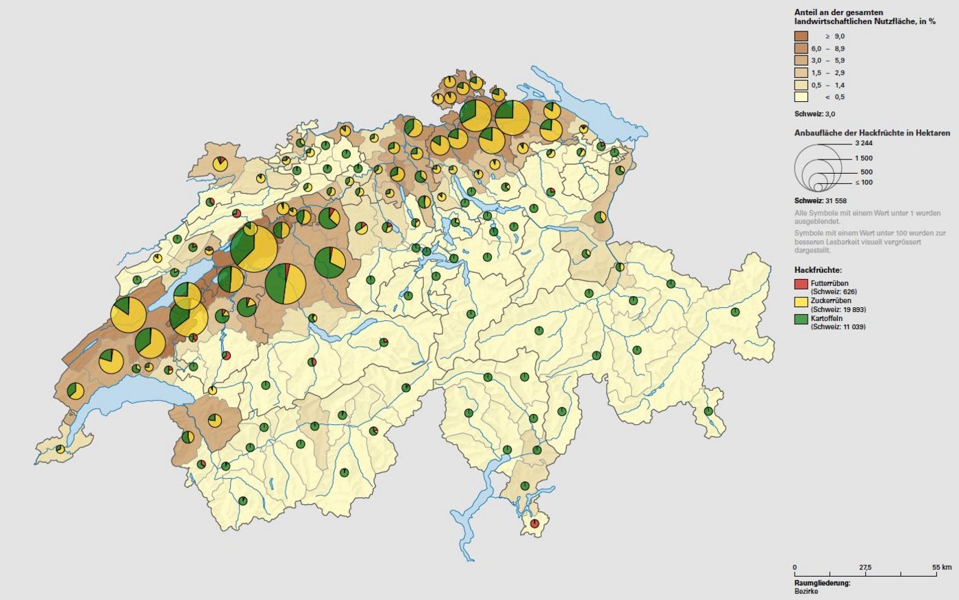 Der Zuckerrübenanbau konzentriert sich in der Nordost- und der Westschweiz und umfasste 2013 rund 19 800 ha. Diese Anbauflächen sollen erhalten bleiben. (Grafik Bundesamt für Statistik, BfS)