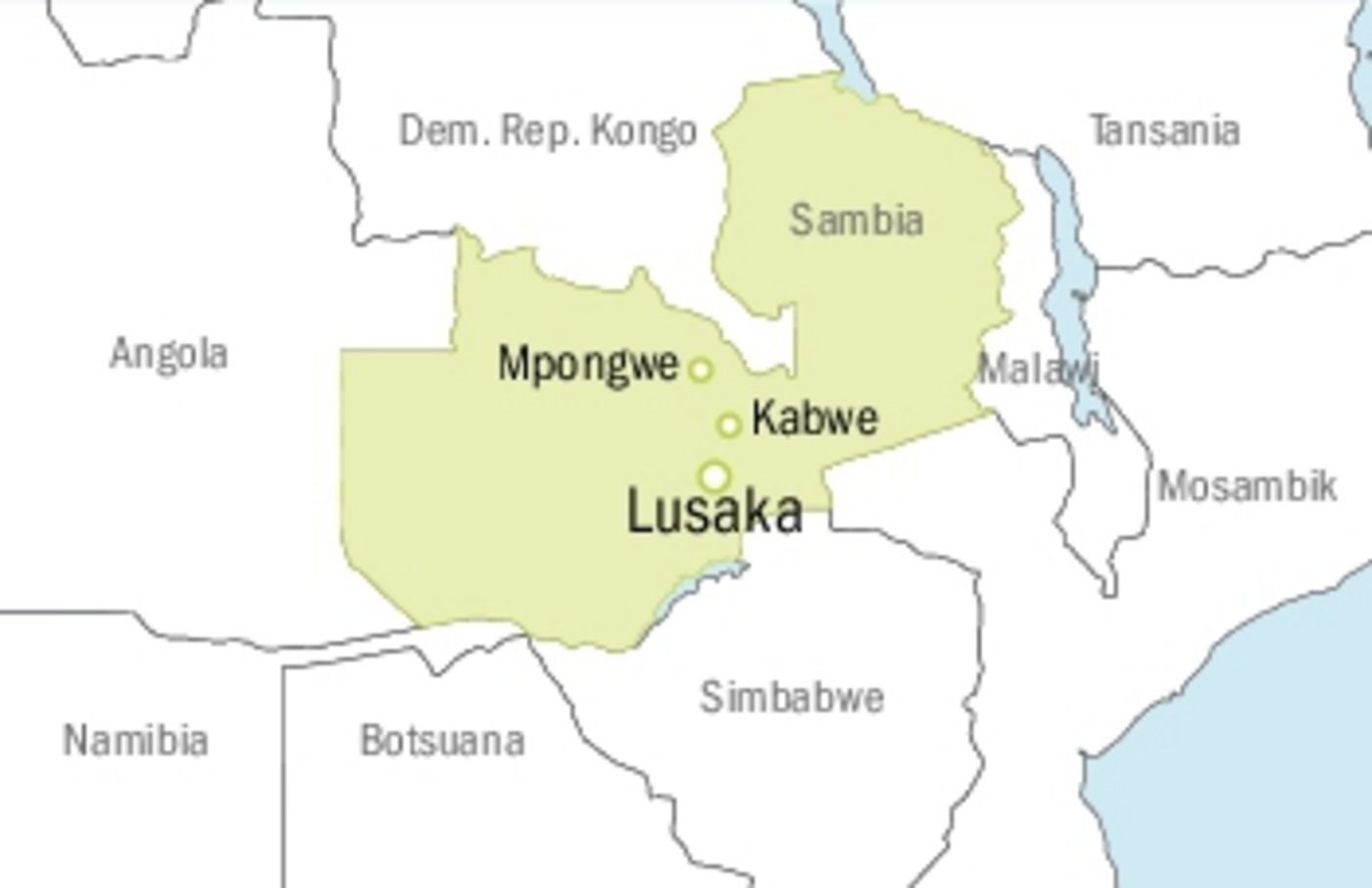 Das afrikanische Binnenland Sambia ist knapp 20-mal so gross wie die Schweiz, hat aber nur gut 17 Millionen Einwohner.(Karten mi/BauZ)