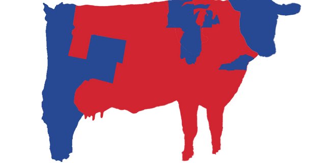 Wie die politische Landschaft der USA aussehen würde, wenn sie die Form einer Kuh hätten. Blau steht für Gebiete mit demokratischer Mehrheit, die roten Gebiete haben republikanische Mehrheiten. (Grafik Karl Sharro/Twitter) 