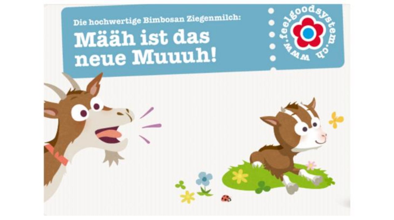 «Mäh ist das neue Muh» – unter diesem Motto bewirbt Hochdorf die neue Bimbosan-Babynahrung aus Ziegenmilch. (Bild Bimbosan)