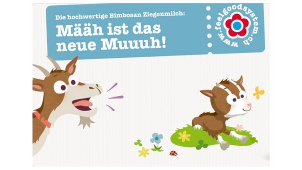 «Mäh ist das neue Muh» – unter diesem Motto bewirbt Hochdorf die neue Bimbosan-Babynahrung aus Ziegenmilch. (Bild Bimbosan)