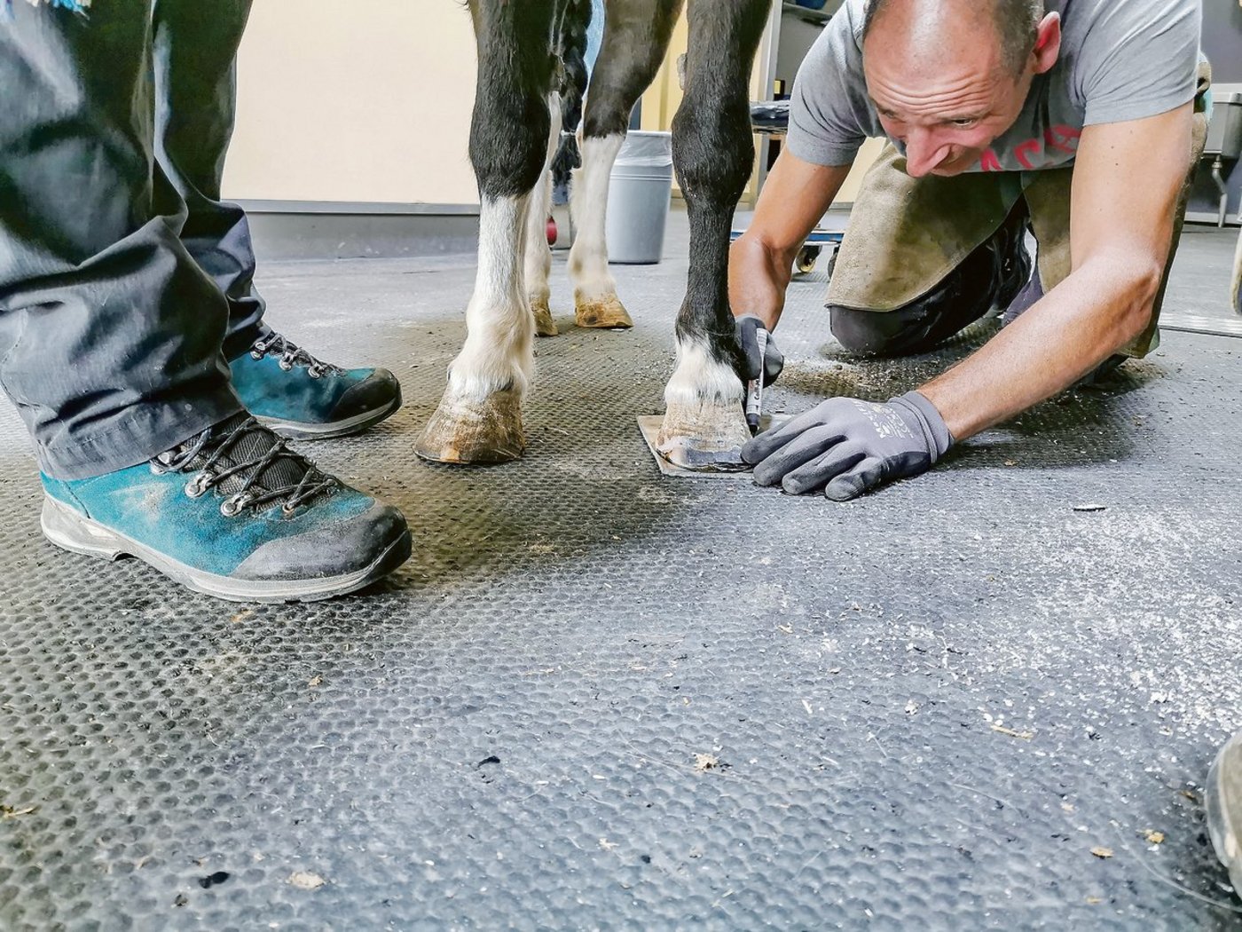Hufschmied Cyrill Zuber zeichnet Luckys Hufform auf die Platte, aus der er nachher die «Eier-Platte» schmiedet.  