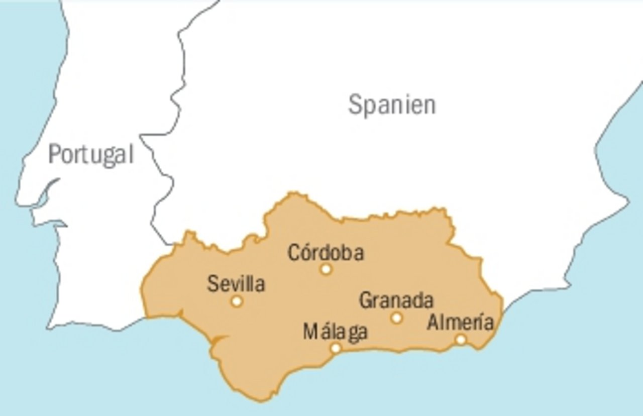 Die spanische Region Andalusien liegt im Süden des Landes und grenzt an Portugal und Gibraltar. (Karte BauZ)