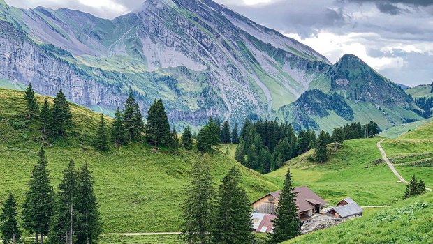 Die Alp Unterst-Hütte auf Niederbauen ist eingebettet in schönster Bergwelt – im Hintergrund der Schwalmis. 