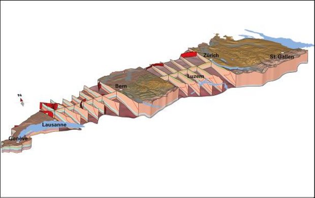 Das Model zeigt den geologischen Aufbau unter dem dicht besiedelten Mittelland. (Bild zVg)