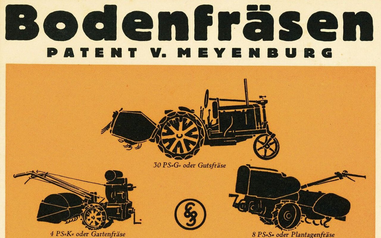Die von Konrad von Meyenburg erstmals 1910 patentierte Bodenfräse wurde in der Praxis für Gärtner, Bauern und Gutsbesitzer weiterentwickelt.
