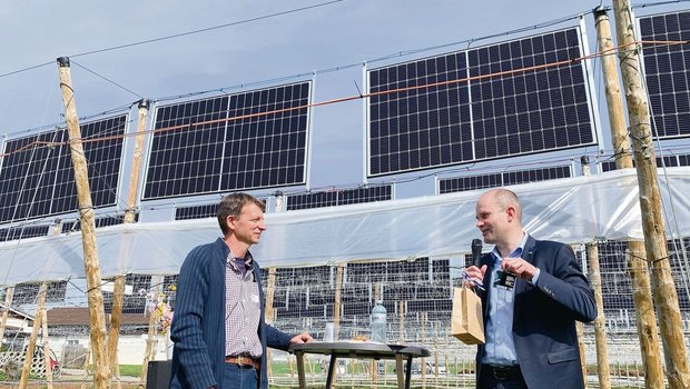 Der Luzerner Regierungsrat Fabian Peter (r.) gratuliert Biobauer Heinz Schmid zur Pilotanlage mit drei verschiedenen Systemen von Agri-Photovoltaik über Himbeeren. 