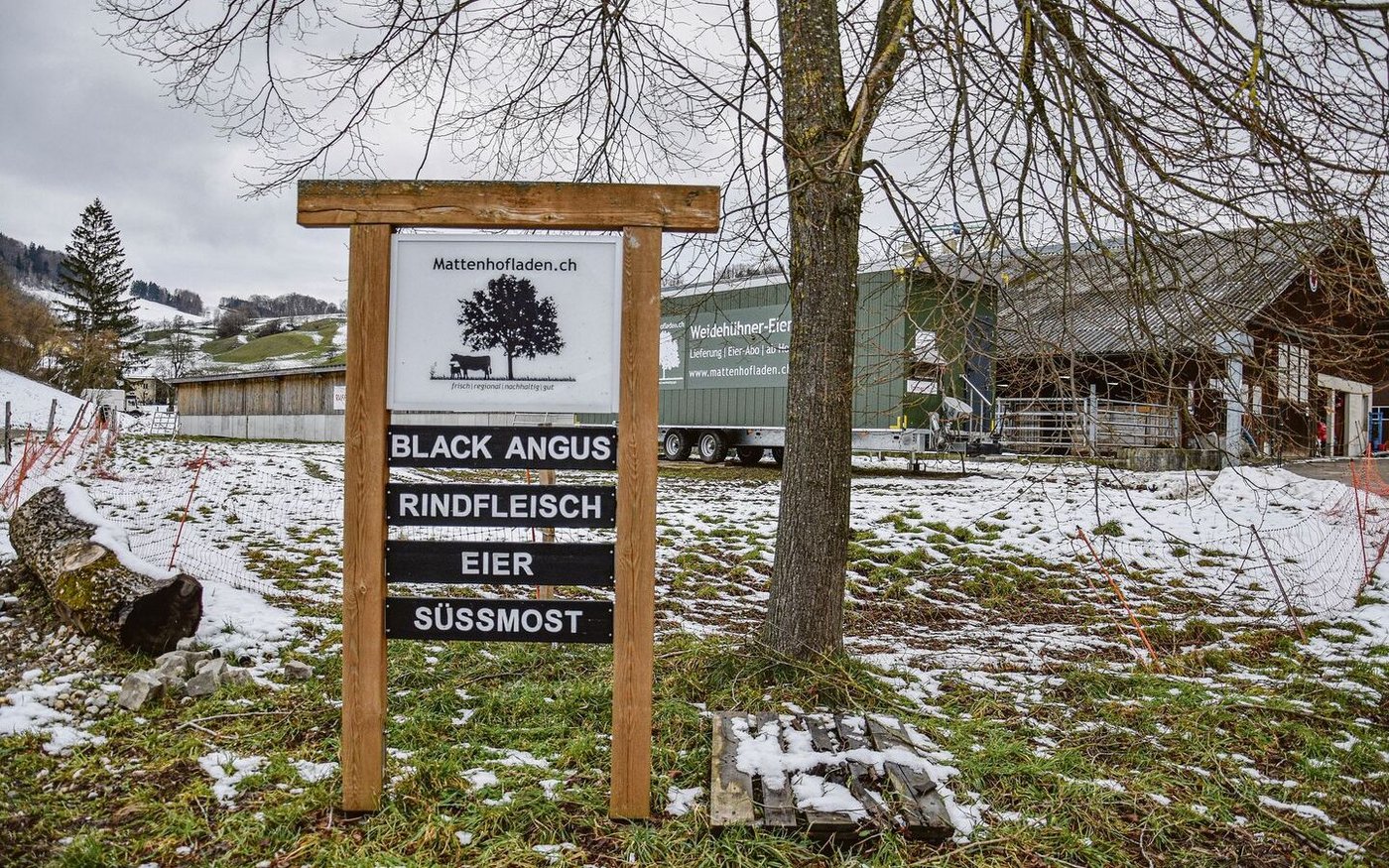 Das Logo des Mattenhofs ist ebenso selbst gemacht wie die Hoftafel. Im Hintergrund stehen das Hühnermobil und der Laufstall des Betriebs.