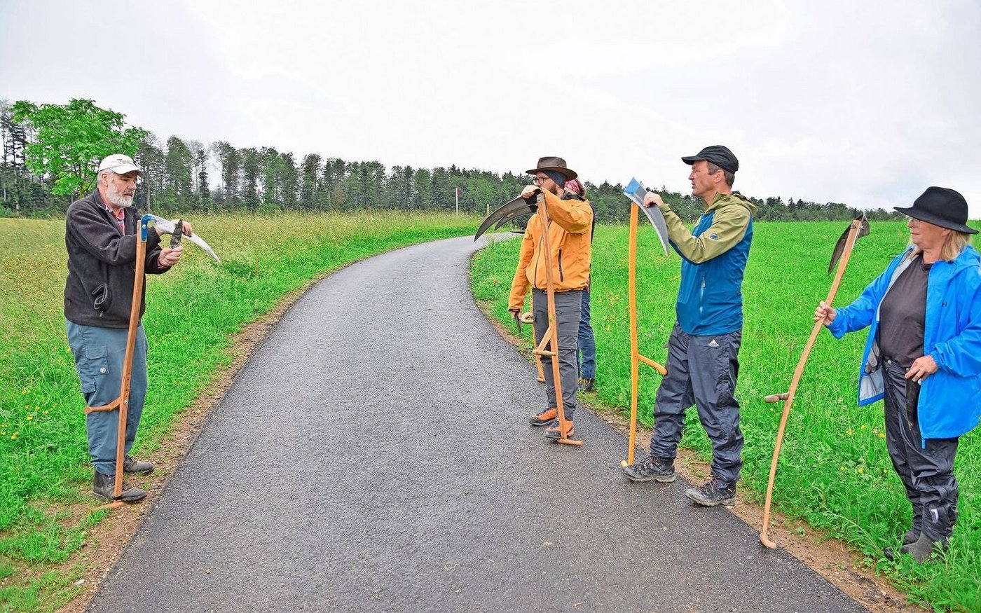 Vor dem Mähen muss die Sense noch gewetzt werden. Aber Achtung mit den Fingern und dem Daumen. 