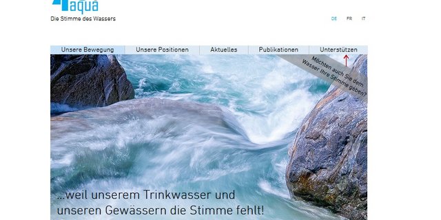 Webpräsenz von «4aqua», einer Organisation, die im Hinblick auf den Abstimmungskampf gegrüdet wurde. (Bild Screenshot)