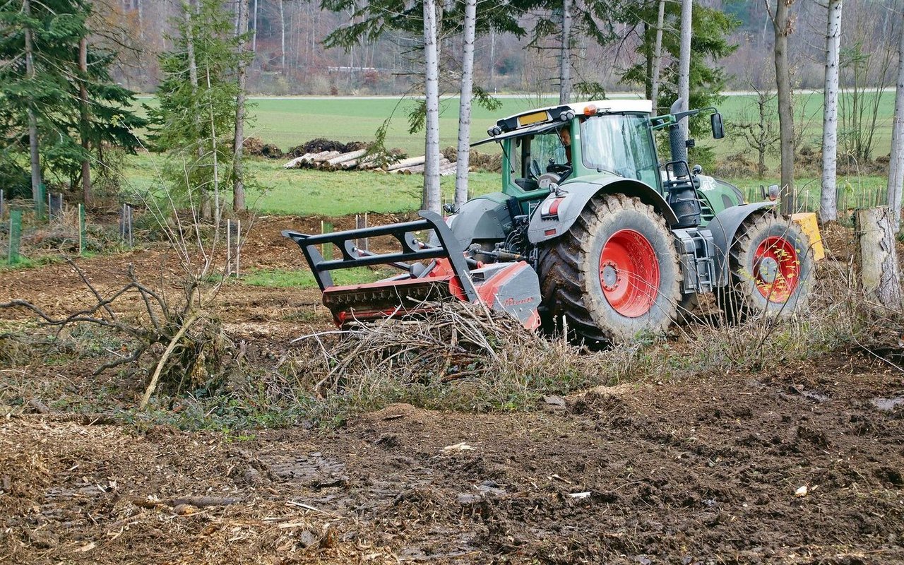 Das am Heck angebaute Mulchgerät kommt mit dem Grosstraktor im flacheren Terrain zum Einsatz.