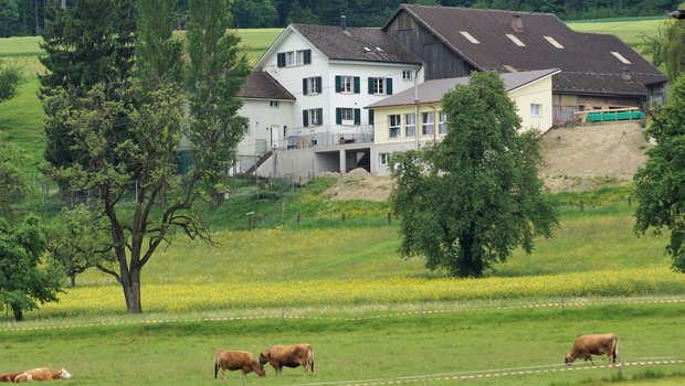 Der Abriss eines alten Gebäudes brachte Platz: Im gelben Neubau sind die Räume der Kinderkrippe und die Holzschnitzelheizung untergebracht. (Bilder rae)