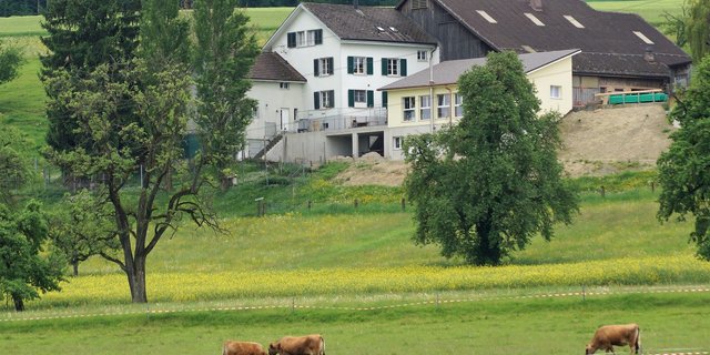 Der Abriss eines alten Gebäudes brachte Platz: Im gelben Neubau sind die Räume der Kinderkrippe und die Holzschnitzelheizung untergebracht. (Bilder rae)