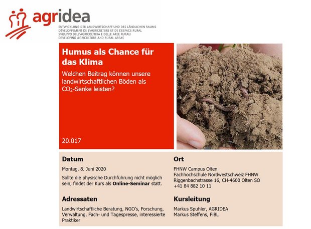 Am 8. Juni wird die Agridea einen Kurs zum Thema Humus und seine Chance für das Klima halten. Falls öffentliche Veranstaltungen aufgrund von Corona noch nicht möglich sein werden, wird dieser Kurs online durchgeführt. (Screenshot Katrin Erfurt)