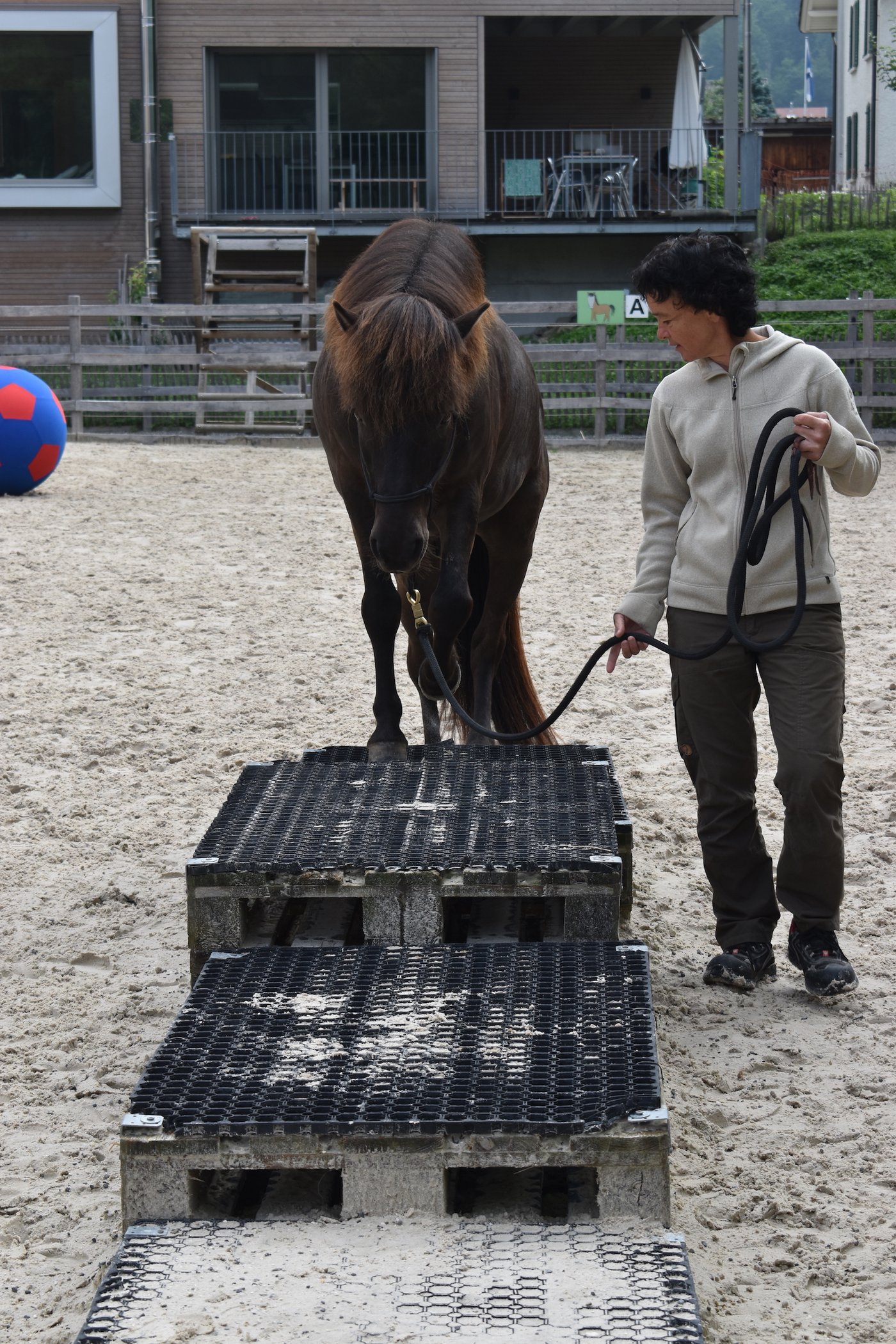 überquert eine Treppe...
