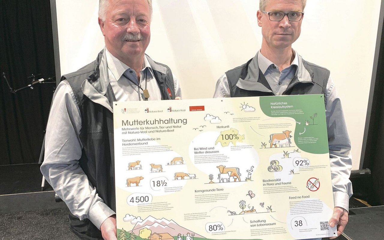 Vorstandsmitglied Pius Eggerschwiler und Geschäftsführer Daniel Flückiger präsentieren die Infotafel, welche auf die positiven Merkmale der Mutterkuhhaltung aufmerksam macht. 