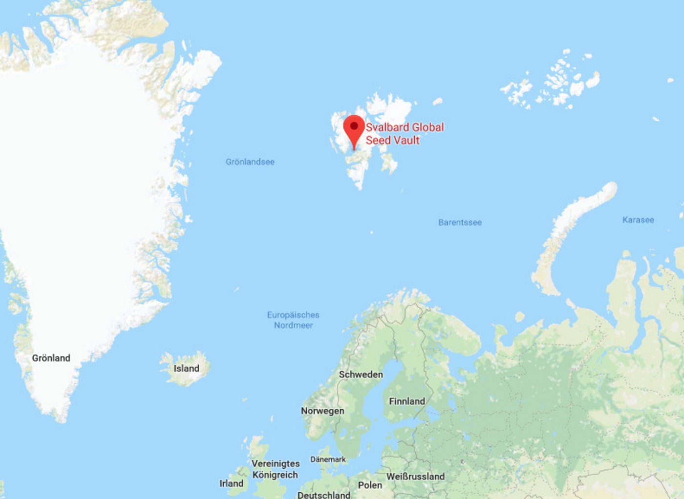 Der Tresor liegt weit nördlich auf der norwegischen Insel Spitzbergen. (Screenshot Google Maps)
