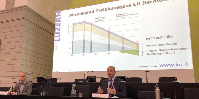 Klimaexperte Jürgen Ragaller (links), und Regierungsrat Fabian Peter (rechts) stellten den ambitionierten Absenkpfad für den Kanton vor. (Bild js)